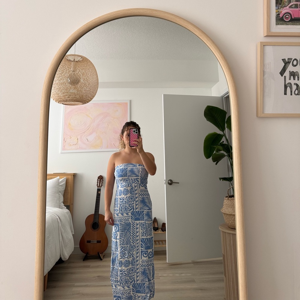 Blue Patterned Strapless Maxi Dress